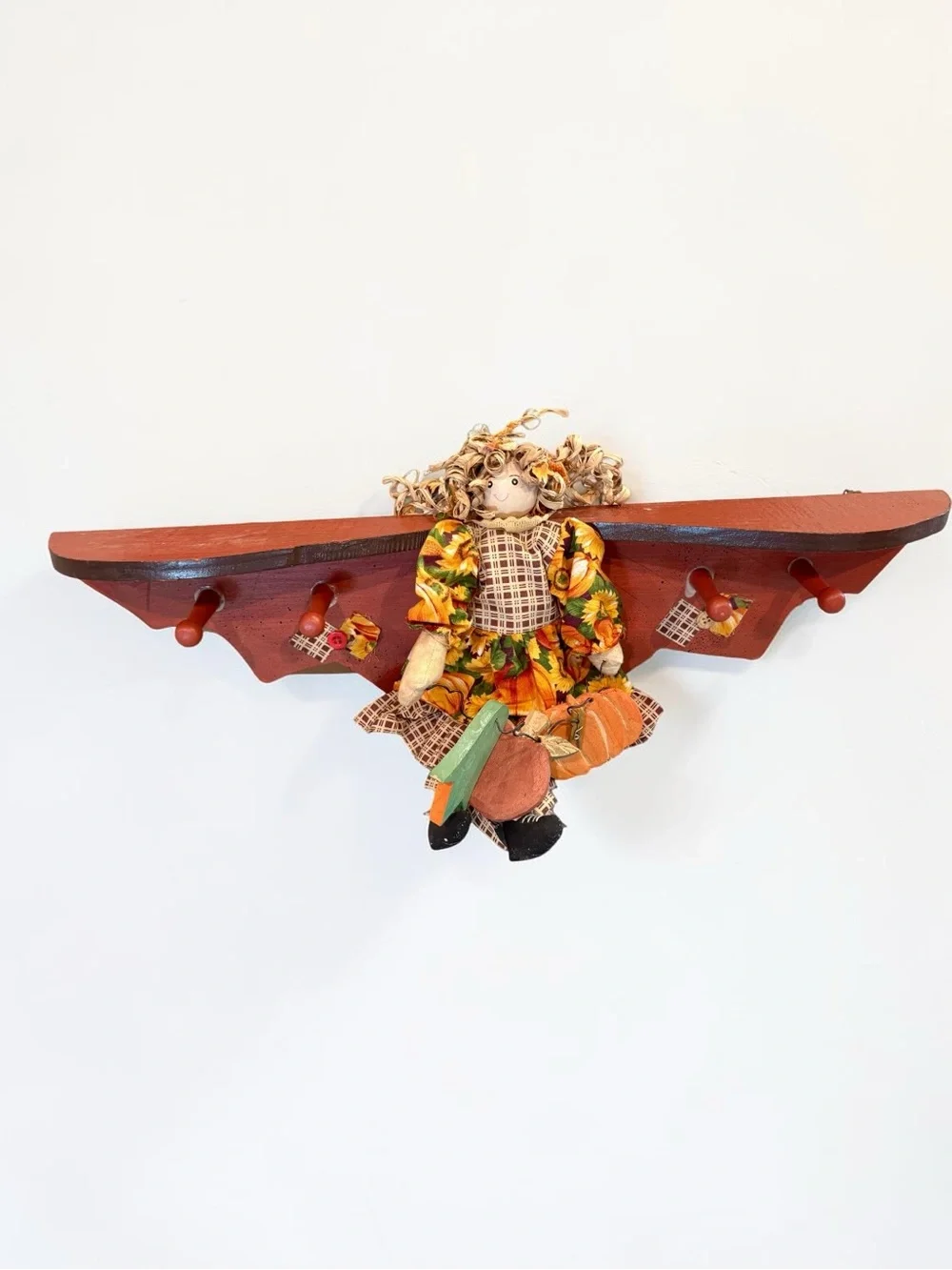 Vintage Handmade 20” Wall Shelf w/ Folk Art Primitive Rag Doll Autumn Harvest